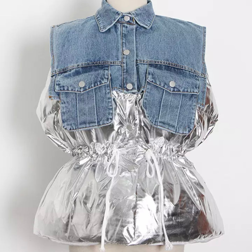 DENIM PUFF VEST-METALLIC